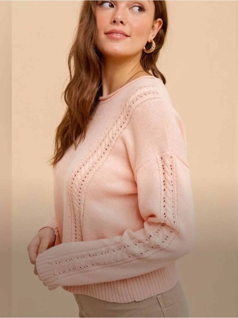Hem & Thread Peach Cable Knit Detail Lightweight Crewneck Sweater Size Large
